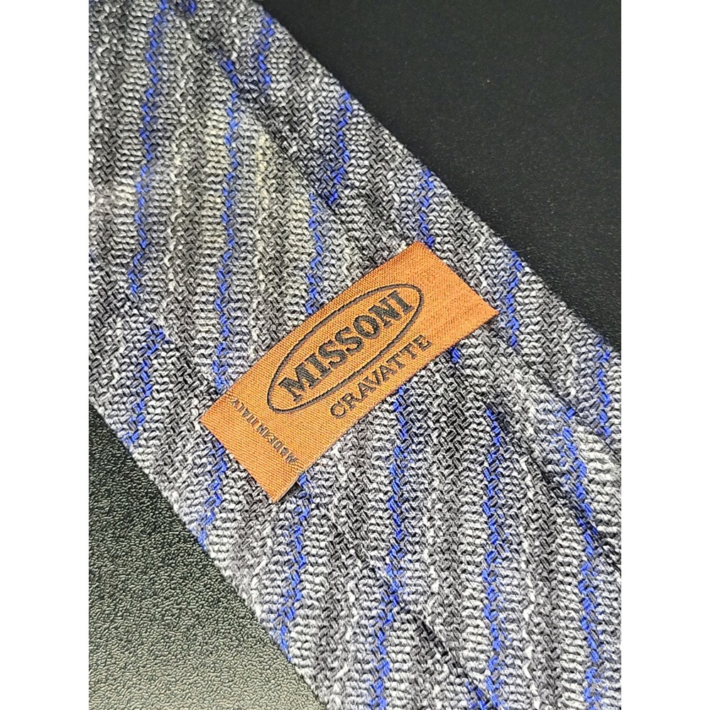 Missoni Cravatte Necktie Grey Blue Diagonal Stripe Silk Made in Italy Excellent